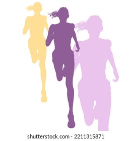 Sport Vector Illustration Of Silhouette Purple Violet Beautiful Woman Running With Pony Tail Hair, Shadow Of Run Girl With Sport Shoes
