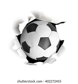 Sport vector illustration with soccer ball coming out from torn paper on white background.