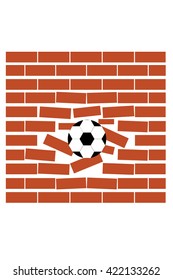 Sport vector illustration with soccer ball coming in cracked wall with grunge texture