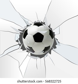 Sport Vector Illustration With Soccer Ball Coming In Cracked Glass.