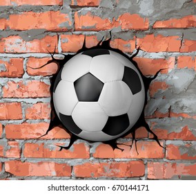 Sport vector illustration with soccer ball coming in cracked brick wall