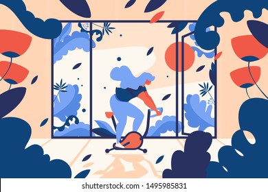 Sport vector illustration with young woman riding exercise stationary bike in room full of leaves and flowers. Large window with open door. Bright training interior scene in blue and orange colors