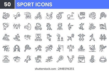 Conjunto de iconos de la línea de Vector deportivo. Contiene iconos de contorno lineal como fútbol, fitness, voleibol, golf, tenis, boxeo, baloncesto, atletismo, bicicleta, esquí, bolos, yoga, hockey. Uso y trazo editables.