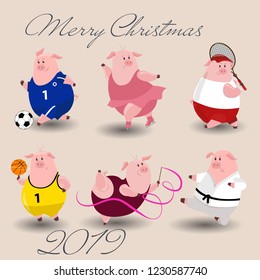 Sport Vector Piggy symbol 2019. Cartoon illustration for Christmas card, prints, calendar, sticker, invitation, baby shower, children clothes, poster