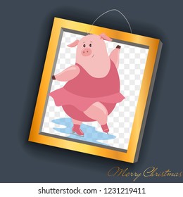 Sport Vector Piggy symbol 2019. Cartoon illustration for Christmas card, prints, calendar, sticker, invitation, baby shower, children clothes, poster