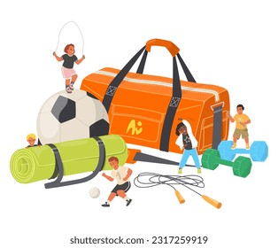 Cartel vectorial deportivo. Dibujo de niños pequeños personajes haciendo ejercicio físico entrenamiento, disfrutando de un estilo de vida activo saludable sobre un enorme material de fitness ilustración