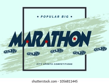 Sport vector poster or logo. Sports running marathon announcement. Lettering composition with the imprint sole of a sports shoe. Best for sports team emblem, banner, print design for t-shirt.