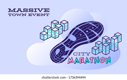 Sport vector poster or logo. Sports running marathon announcement. Lettering composition with the imprint sole of a sports shoe. Best for sports team emblem, banner, print design for t-shirt.