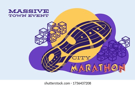 Sport vector poster or logo. Sports running marathon announcement. Lettering composition with the imprint sole of a sports shoe. Best for sports team emblem, banner, print design for t-shirt.