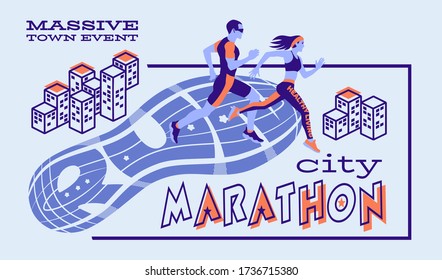 Sport vector poster or logo. Sports running marathon announcement. Lettering composition with the imprint sole of a sports shoe. Best for sports team emblem, banner, print design for t-shirt.