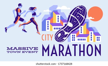 Sport vector poster or logo. Sports running marathon announcement. Lettering composition with the imprint sole of a sports shoe. Best for sports team emblem, banner, print design for t-shirt.