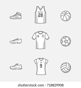 Sport Vector Set of equipments and uniforms in minimal grey color tone with bold stroke.