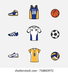 Sport Vector Set of equipments and uniforms in old school color style with bold stroke.