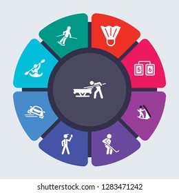 sport vector template for infographics. Business concept with 9 options, steps, parts, segments. Banner infographic cycling diagram, round chart, Snooker, Ski, Shuttlecock, Scoreboard icons