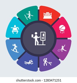 sport vector template for infographics. Business concept with 9 options, steps, parts, segments. Banner infographic cycling diagram, round chart, Training, trail running, Tennis court icons