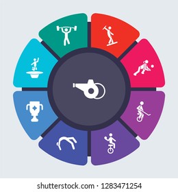 sport vector template for infographics. Business concept with 9 options, steps, parts, segments. Banner infographic cycling diagram, round chart, Whistle, Weightlifter, wakeboarding icons