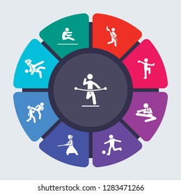 sport vector template for infographics. Business concept with 9 options, steps, parts, segments. Banner infographic cycling diagram, round chart, marathon, long jump, Lacrosse, kung fu icons