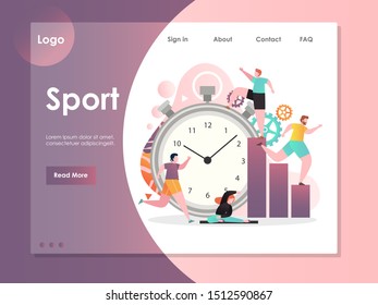 Sport vector website template, web page and landing page design for website and mobile site development. Sport time concept with stopwatch and people running, doing yoga.