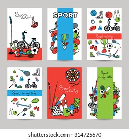 Sport vertical paper banner set with sketch game equipment isolated vector illustration