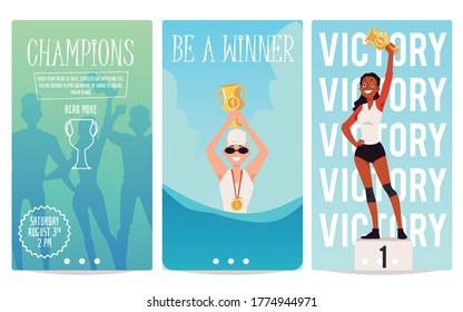 Victoria deportiva - afiche de caricatura ambientado con campeones atletas celebrando el éxito y ganando la copa de oro. Banners de embarque con gente de nadador y corredor, ilustración vectorial