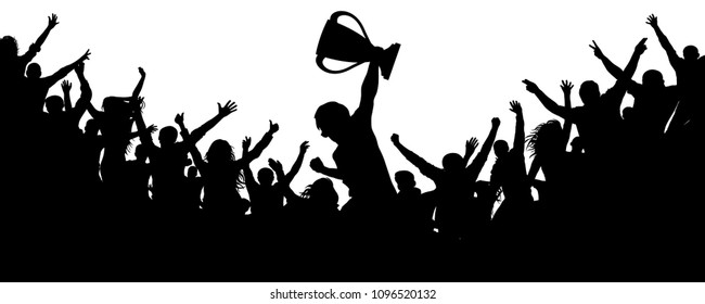 Sport victory cup. Cheering crowd fans silhouette. crowd of people sport fans, vector. Cheers of applause