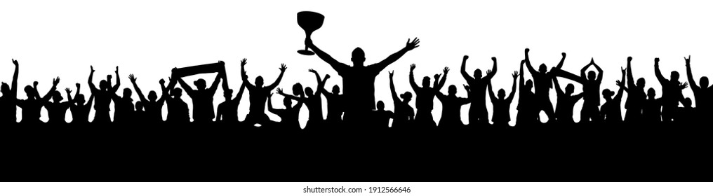 Sport Victory Cup. Cheering Crowd Fans Silhouette. Crowd Of People Sport Fans, Vector. Cheers Of Applause