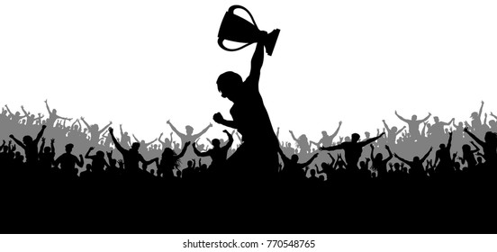 Sport victory cup. Cheering crowd fans silhouette