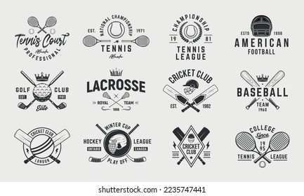 Conjunto de logotipo deportivo vintage. Conjunto de 12 plantillas de logotipo deportivo. Gráficos vintage para tenis, billar, béisbol, fútbol americano, Lacrosse, golf, críquet. Ilustración del vector