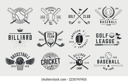 Sport vintage logo set. Set of 12 sport logo templates. Trendy emblems, labels, posters. Vintage graphics for Basketball, Billiard, Baseball, American Football, Cricket, Golf. Vector illustration