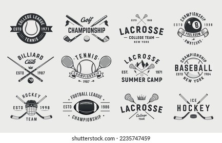 Sport vintage logo set. Set of 12 sport logo templates. Trendy emblems, labels, posters. Vintage graphics for Tennis, Billiards, Baseball, Football, Lacrosse, Hockey, golf. Vector illustration