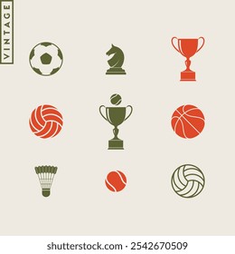 Sport vintage style icons. Volleyball basketball football and tennis ball with trophy. Team sport vector