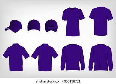 Sport violet t-shirt, sweater, polo shirt and baseball cap isolated set vector