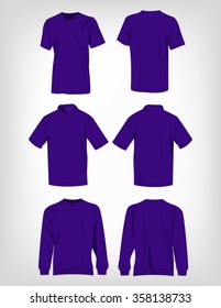 Sport violet t-shirt, sweater and polo shirt isolated set vector