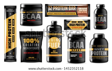 Sport vitamins containers isolated, BCAA amino acids, food supplement. Vector whey protein concentrates, creatine monohydrats, mass building gainer. Fast absorbing amino fuel, body fortress recovering 商業照片 © 