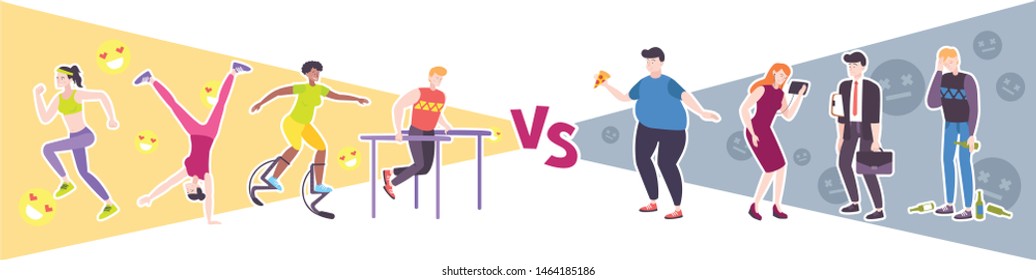 Sport vs lazy design concept with people leading unhealthy lifestyle and group of athletes engaged in workout flat vector illustration
