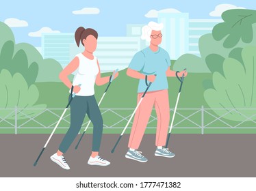 Sport walking flat color vector illustration. Different age women. Retired grandmother exercise in park. Lady workout outside. Female relatives 2D cartoon characters with landscape on background