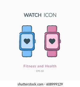 Sport watch icon isolated on white. Sports equipment vector logo. Modern pictogram for web graphics