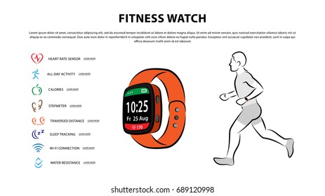 Sport watch with pulsometer vector illustration. Fitness wristband with features (heart rate monitoring, daily activity, sleeping). Smart watch with heart rate sensor for sport graphic design.