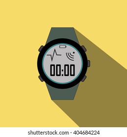 Sport watches for running flat icon with long shadow on yellow background
