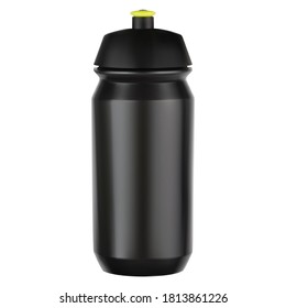 Sport water bottle. Bicycle equipment black plastic blank. Reusable bike cycle vessel for tourism, adventure and gym workout on white background