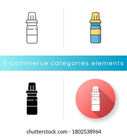 Sport water bottle icon. Reusable container. Plastic sipper for fitness. Soda for refreshment while training. Energy drink for workout. Linear black and RGB color styles. Isolated vector illustrations