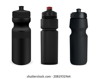 Sport Water Bottle Isolated Black Mockup. Reusable Bicycle Bottle Blank. Vector Sport Bottle For Fitness, Mountain Hiking Or Training. Travel, Tourism Adventure Beverage Container