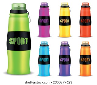 Sport water bottle mockup realistic set of colorful reusable bike flasks isolated vector illustration