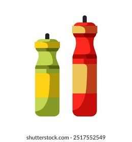 Conjunto de botellas de agua deportiva. Beber agua en un recipiente reutilizable de plástico para fitness, bicicleta, ejercicios de gimnasio, viajes. Refrescante bebida de verano. Ilustración vectorial plana.