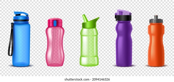 Sport water bottles set. Realistic different plastic and glass containers cup for workout, jogging, cycling, running exercises refreshment isolated on transparent background. Vector illustration