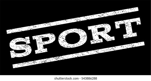 Sport watermark stamp. Text tag between parallel lines with grunge design style. Rubber seal stamp with unclean texture. Vector white color ink imprint on a black background.