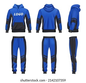 Sport wear. Casual clothes hoodie and pants for active people decent vector fashioned design templates in realistic style mockup