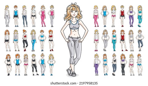 Sport wear clothes cute and attractive women vector illustrations big collection isolated on white background, perfect slim curvy perfect athletic body gorgeous female drawings.
