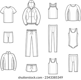 Sport wear flat sketch. Hoodie pants t shirt shorts leggings jacket jumper tank top swimsuit. Men CAD mockup. Technical drawing. Vector illustration.