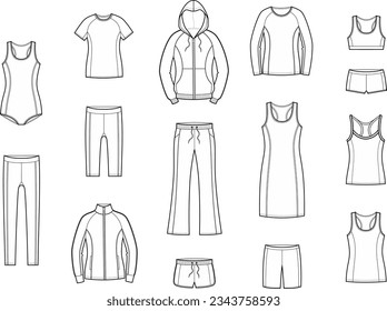 Sport wear flat sketch. Hoodie, truck pants, t shirt, tank top, swimsuit apparel design. Women CAD mockup. Technical drawing. Vector illustration.